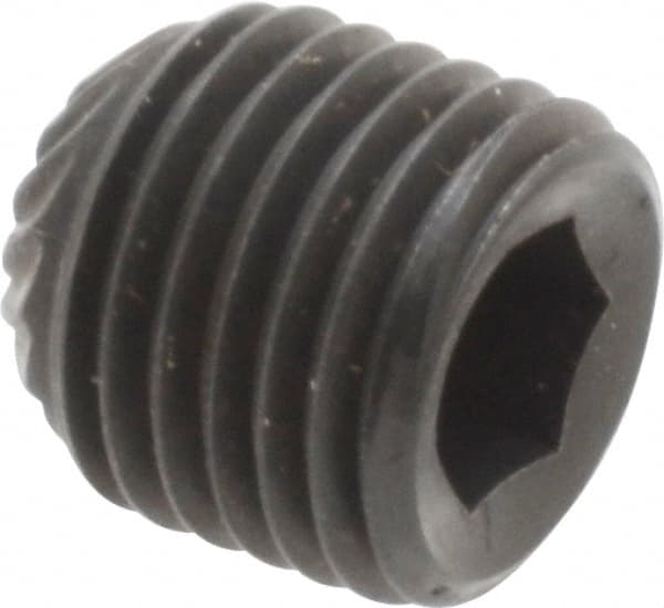 Unbrako - 3/8-24 UNF, 3/8" OAL, Knurled Cup Point Set Screw - Grade 8 Alloy Steel, 3/16" Key - Exact Tooling