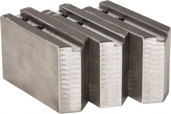 H & R Manufacturing - 1.5mm x 60° Serrated Attachment, Square Soft Lathe Chuck Jaw - 3 Jaws, Steel, 1.181" Btw Mount Hole Ctrs, 5" Long x 1-3/4" Wide x 3-1/2" High, 0.63" Groove, 12mm Fastener - Exact Tooling