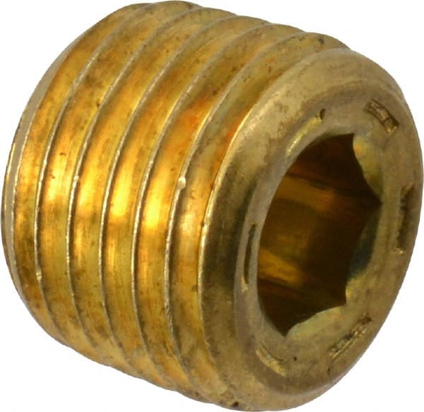Unbrako - 1/4-18, 13/32" OAL, Brass Socket Pressure Plug - 7/8" Taper per Foot, 1/4" Hex Key - Exact Tooling
