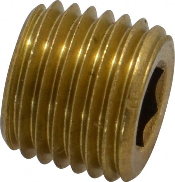 Unbrako - 1/4-18, 7/16" OAL, Brass Socket Pressure Plug - 3/4" Taper per Foot, 1/4" Hex Key - Exact Tooling