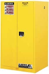 Justrite - 2 Door, 2 Shelf, Yellow Steel Standard Safety Cabinet for Flammable and Combustible Liquids - 65" High x 34" Wide x 34" Deep, Manual Closing Door, 3 Point Key Lock, 60 Gal Capacity - Exact Tooling