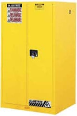 Justrite - 2 Door, 2 Shelf, Yellow Steel Standard Safety Cabinet for Flammable and Combustible Liquids - 65" High x 34" Wide x 34" Deep, Manual Closing Door, 3 Point Key Lock, 60 Gal Capacity - Exact Tooling