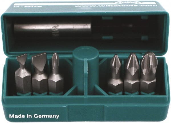 Wiha - 6 Piece, 1/4" Drive Screwdriver Insert Bit Set - #0 to #3 Phillips, 4.5 & 6mm Slotted - Exact Tooling