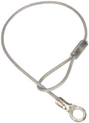 Made in USA - 6" Long, Steel Cable Loop & Eye End, Quick Release Pin Lanyard - 3/64" Cable Diam, #10 Hole Diam, Nylon Cable, Galvanized Finish - Exact Tooling