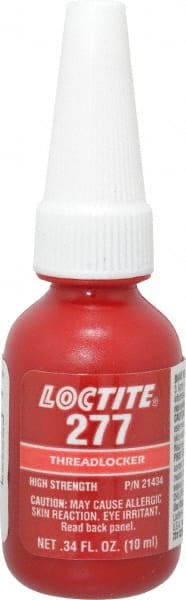 Loctite - 10 mL Bottle, Red, High Strength Liquid Threadlocker - Series 277, 24 hr Full Cure Time, Hand Tool, Heat Removal - Exact Tooling