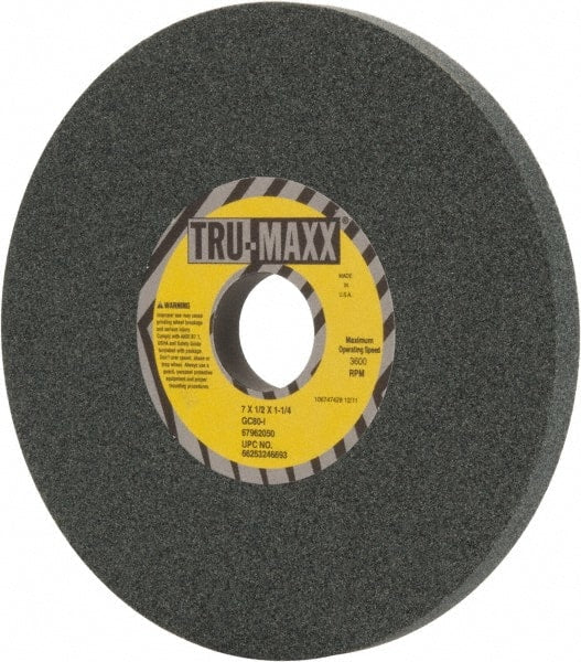 Tru-Maxx - 7" Diam x 1-1/4" Hole x 1/2" Thick, I Hardness, 80 Grit Surface Grinding Wheel - Silicon Carbide, Type 1, Medium Grade, 3,600 Max RPM, Vitrified Bond, No Recess - Exact Tooling