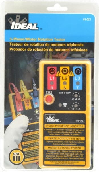 Ideal - 3 Phase, 100 to 600 VAC, 10 to 400 Hz, 5 to 131°F, LED Display Phase Rotation Tester - 9V, Includes 9V Battery, Alligator Clips, Carrying Case, Operating Instructions, C N12966, CAT III, CE, EN 61010, IEC 1010 - Exact Tooling