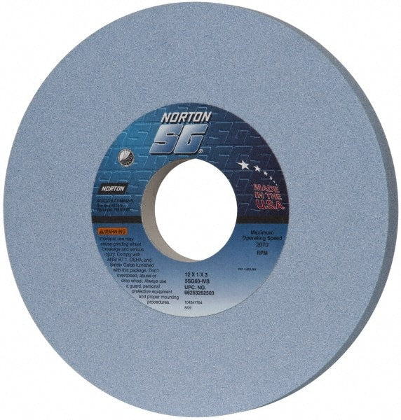 Norton - 12" Diam x 3" Hole x 1" Thick, I Hardness, 60 Grit Surface Grinding Wheel - Ceramic, Type 1, Medium Grade, 2,070 Max RPM, Vitrified Bond, No Recess - Exact Tooling