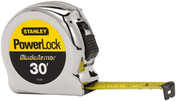 Stanley - 30' x 1" Yellow Blade Tape Measure - 1/16" Graduation, Inch Graduation Style, Silver Case - Exact Tooling