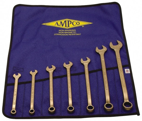 Ampco - 7 Piece, 3/8" to 7/8", 12 Point Combination Wrench Set - Inch Measurement Standard, Aluminum Bronze Finish, Comes in Roll-Up Pouch - Exact Tooling