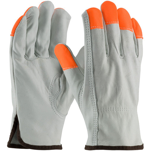 ‎68-163HV/M Leather Drivers Gloves - TG Cowhide - Regular Grade - Hi-Vis Orange Fingertips - Keystone Thumb - Exact Tooling