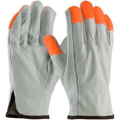 ‎68-163HV/M Leather Drivers Gloves - TG Cowhide - Regular Grade - Hi-Vis Orange Fingertips - Keystone Thumb - Exact Tooling