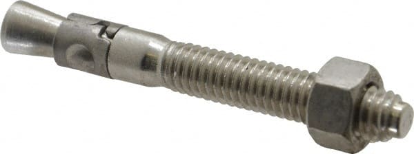 Powers Fasteners - 3/8" Diam, 3/8" Drill, 3" OAL, 1-1/4" Min Embedment Wedge Expansion Concrete Anchor - 304 Stainless Steel, Hex Nut Head, Hex Drive, 1-7/8" Thread Length - Exact Tooling