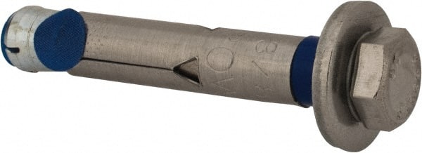 Powers Fasteners - 3/8" Diam, 3/8" Drill, 2-1/4" OAL, 1-3/4" Min Embedment Sleeve Concrete Anchor - 304 Stainless Steel, Hex Head, Hex Drive - Exact Tooling