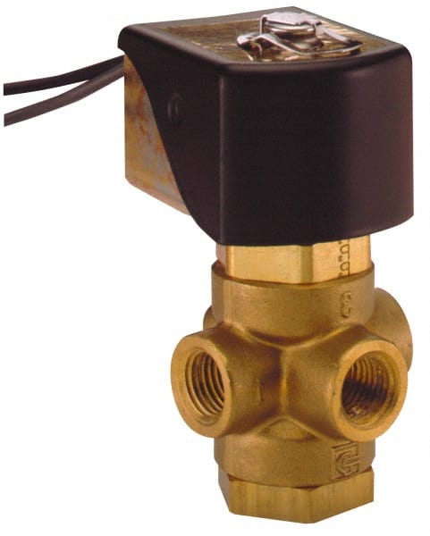 Parker - 1/4" Port, Three Way, Direct Acting, Brass Solenoid Valve - Universal, 125 Max PSI, NBR Seal - Exact Tooling
