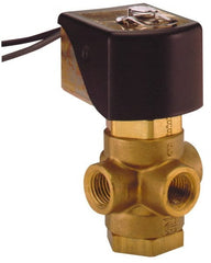 Parker - 1/4" Port, Three Way, Direct Acting, Brass Solenoid Valve - Universal, 125 Max PSI, NBR Seal - Exact Tooling