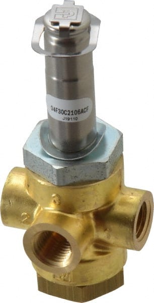Parker - 1/4" Port, Three Way, Direct Acting, Brass Solenoid Valve - Normally Closed, 150 Max PSI, NBR Seal - Exact Tooling