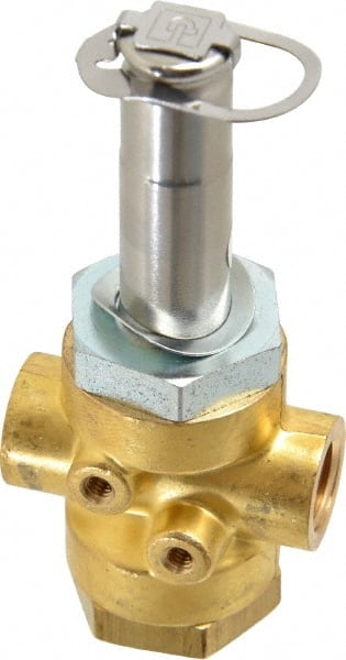 Parker - 1/4" Port, Three Way, Direct Acting, Brass Solenoid Valve - Normally Open, 235 Max PSI, NBR Seal - Exact Tooling