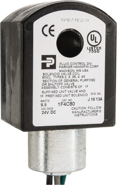 Parker - 24 Volt, 18 Coil Lead Length, Class F, Solenoid Coil - 9.5 Watt, NEMA 4X Enclosure, Use with Parker Skinner Gold Ring Series Valves - Exact Tooling