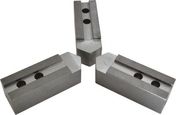 H & R Manufacturing - 1.5mm x 60° Serrated Attachment, Square Soft Lathe Chuck Jaw - 3 Jaws, Steel, 1.69" Btw Mount Hole Ctrs, 7-1/2" Long x 2-1/2" Wide x 2-1/2" High, 0.866" Groove, 20mm Fastener - Exact Tooling