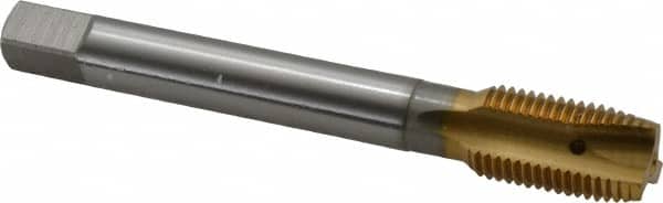 OSG - M14x1.50 Metric Fine, 3 Flute, TiN Finish, Vanadium High Speed Steel Spiral Point Tap - Plug Chamfer, Right Hand Thread, 100mm OAL, 1-21/32" Thread Length, 0.429" Shank Diam, 6H Class of Fit - Exact Tooling