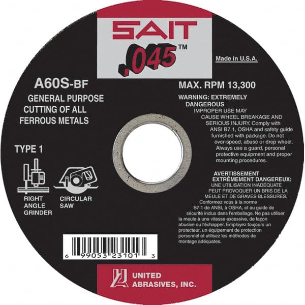 Sait - 6" 60 Grit Aluminum Oxide Cutoff Wheel - 0.045" Thick, 7/8" Arbor, 10,200 Max RPM, Use with Angle Grinders - Exact Tooling