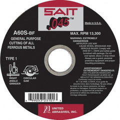 Sait - 6" 60 Grit Aluminum Oxide Cutoff Wheel - 0.045" Thick, 5/8" Arbor, 10,200 Max RPM, Use with Angle Grinders - Exact Tooling