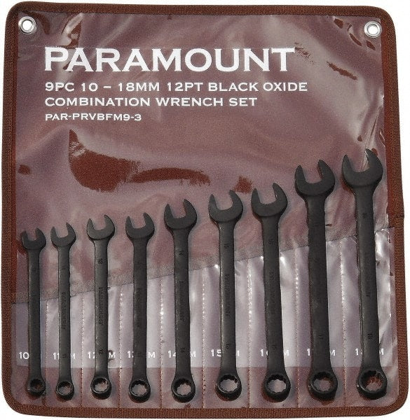 Paramount - 9 Piece, 10mm to 18mm, 12 Point Combination Wrench Set - Metric Measurement Standard, Black Oxide Finish, Comes in Canvas Roll - Exact Tooling