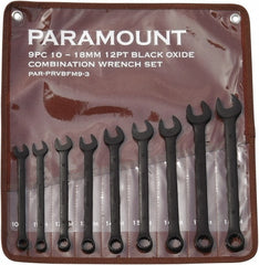 Paramount - 9 Piece, 10mm to 18mm, 12 Point Combination Wrench Set - Metric Measurement Standard, Black Oxide Finish, Comes in Canvas Roll - Exact Tooling