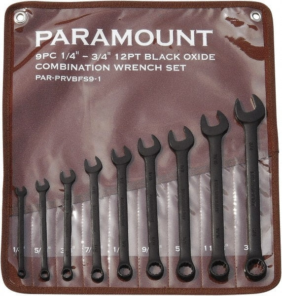Paramount - 9 Piece, 1/4" to 3/4", 12 Point Combination Wrench Set - Inch Measurement Standard, Black Oxide Finish, Comes in Canvas Roll - Exact Tooling