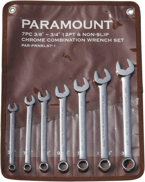 Paramount - 7 Piece, 3/8" to 3/4", 12 Point Combination Wrench Set - Inch Measurement Standard, Full Polish Finish, Comes in Canvas Roll - Exact Tooling
