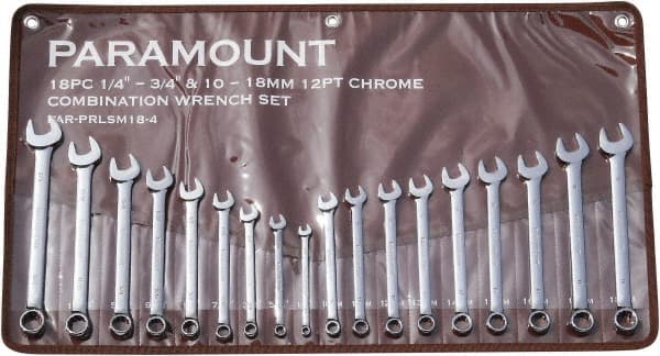 Paramount - 18 Piece, 1/4" to 3/4" (10mm to 18mm), 12 Point Combination Wrench Set - Inch/Metric Measurement Standard, Full Polish Finish, Comes in Canvas Roll - Exact Tooling