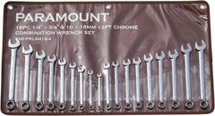 Paramount - 18 Piece, 1/4" to 3/4" (10mm to 18mm), 12 Point Combination Wrench Set - Inch/Metric Measurement Standard, Full Polish Finish, Comes in Canvas Roll - Exact Tooling