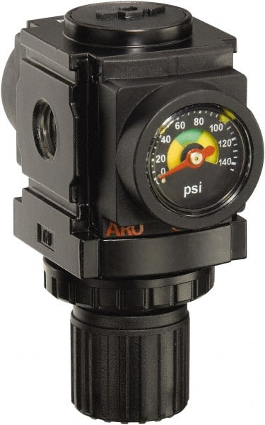 ARO/Ingersoll-Rand - 1/4 NPT Port, 59 CFM, Aluminum Miniature Regulator - 0 to 140 psi Range, 250 Max psi Supply Pressure, 1/8" Gauge Port Thread, 2.913" Wide x 3-9/16" High - Exact Tooling