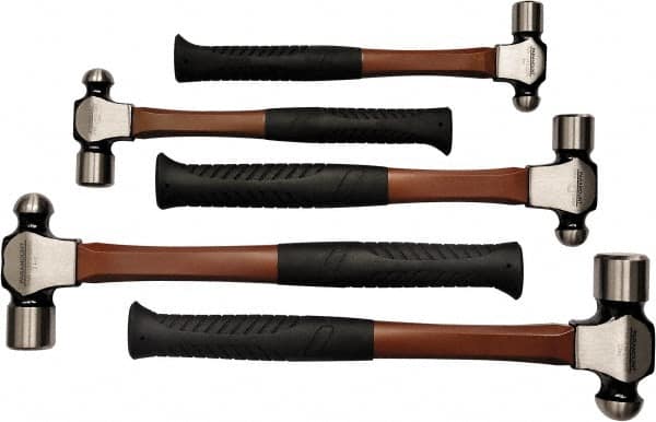Paramount - 5 Piece, 1/2, 3/4, 1, 1-1/2, 2 Lb Head Weight, Ball Pein Hammer Set - 11-1/2, 12-1/2, 14-1/2, 15" OAL, Fiberglass Handles, Ball Pein - Exact Tooling