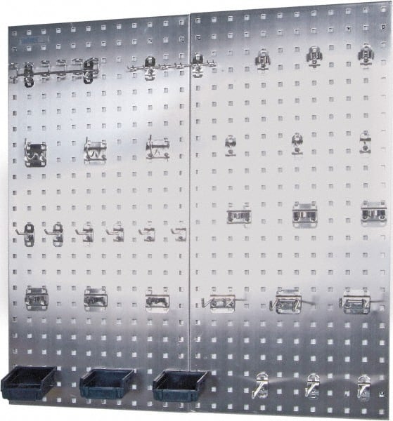 Triton - 18" Wide x 36" High Peg Board Kit - 2 Panels, 32 Hooks, Stainless Steel, Silver - Exact Tooling