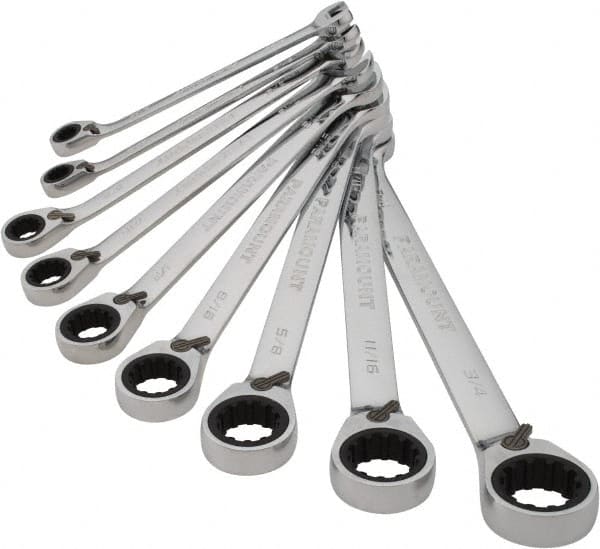 Paramount - 9 Piece, 9/32" to 3/4", 12 Point Ratcheting Reversible Combination Wrench Set - Inch Measurement Standard, Chrome Finish, Comes in Canvas Roll - Exact Tooling