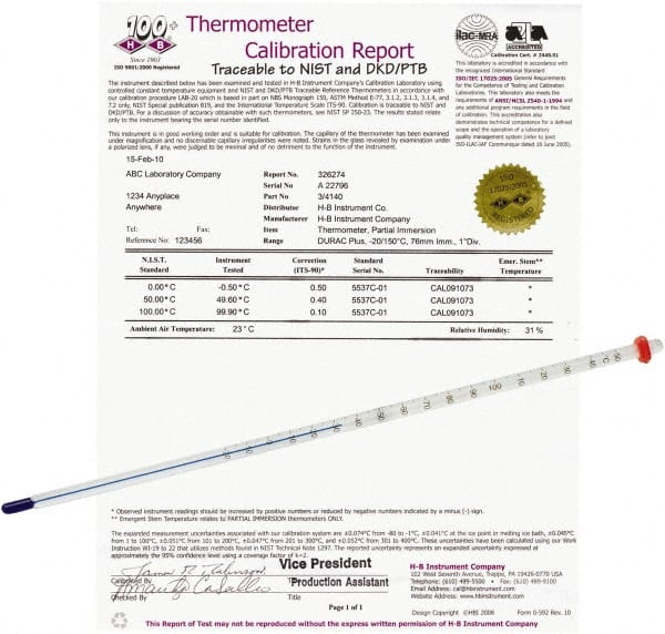 H-B Instruments - -20 to 110°C, Organic Filled Precision Thermometer - 12 Inch Immersion Length - Exact Tooling