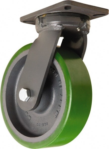 Hamilton - 10" Diam x 3" Wide x 12-1/2" OAH Top Plate Mount Swivel Caster - Polyurethane Mold onto Cast Iron Center, 3,000 Lb Capacity, Sealed Precision Ball Bearing, 5-1/4 x 7-1/4" Plate - Exact Tooling