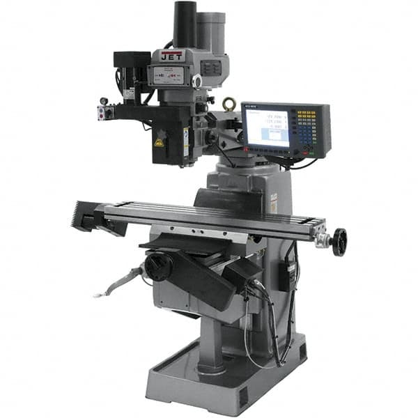 Jet - 9" Table Width x 49" Table Length, Variable Speed Pulley Control, 3 Phase Knee Milling Machine - R8 Spindle Taper, 3 hp - Exact Tooling