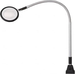Waldmann Lighting - 25.4 Inch, Gooseneck, Clamp Mounted, LED, Silver, Magnifying Task Light - 6 Watt, 100 to 240 Volt, 2.25x Magnification, 71mm Wide - Exact Tooling