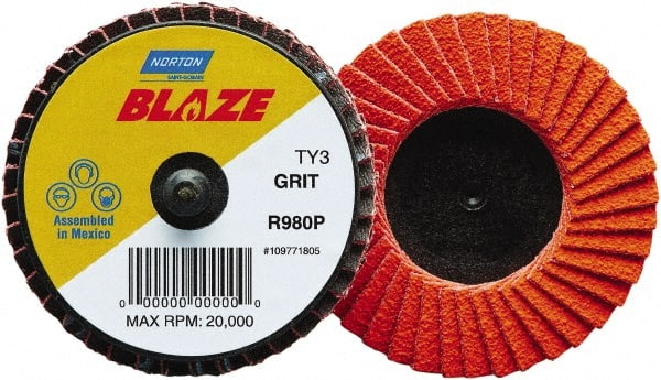 Norton - 120 Grit, 3" Disc Diam, Type 27 Ceramic Alumina Flap Disc - 30,000 Max RPM, Fiberglass Backing, Quick Change Type R Attaching System, Coated - Exact Tooling