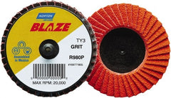 Norton - 60 Grit, 3" Disc Diam, Type 27 Ceramic Alumina Flap Disc - 30,000 Max RPM, Fiberglass Backing, Quick Change Type R Attaching System, Coated - Exact Tooling