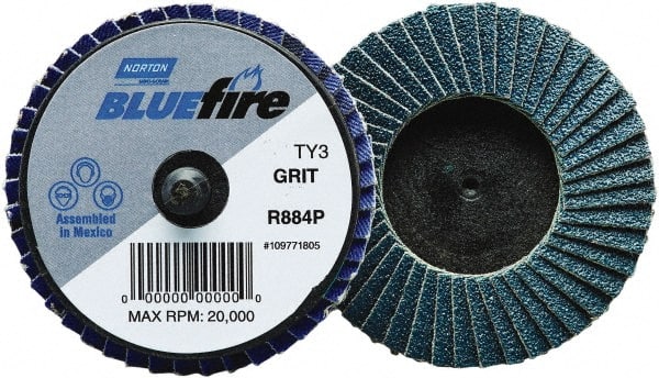 Norton - 80 Grit, 3" Disc Diam, Type 27 Zirconia Alumina Flap Disc - 30,000 Max RPM, Fiberglass Backing, Quick Change Type R Attaching System, Coated - Exact Tooling