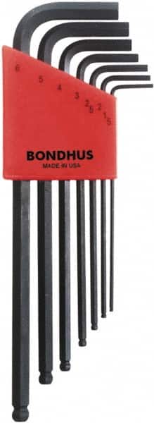 Bondhus - 7 Piece L-Key Ball End Hex Key Set - Hex Range 1.5 to 6mm, 8-3/4" OAL, Protanium High Torque Steel - Exact Tooling