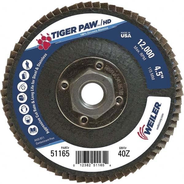 Weiler - 40 Grit, 4-1/2" Disc Diam, 5/8-11 Center Hole, Type 27 Zirconia Alumina Flap Disc - 12,000 Max RPM, Phenolic Backing, Arbor Attaching System, Coated - Exact Tooling
