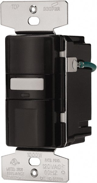 Cooper Wiring Devices - 1,000 Square Ft. Coverage, Infrared Occupancy Sensor Wall Switch - 1,000 at 120 V Incandescent, 1,000 at 120 V Fluorescent, 120 VAC, Black - Exact Tooling