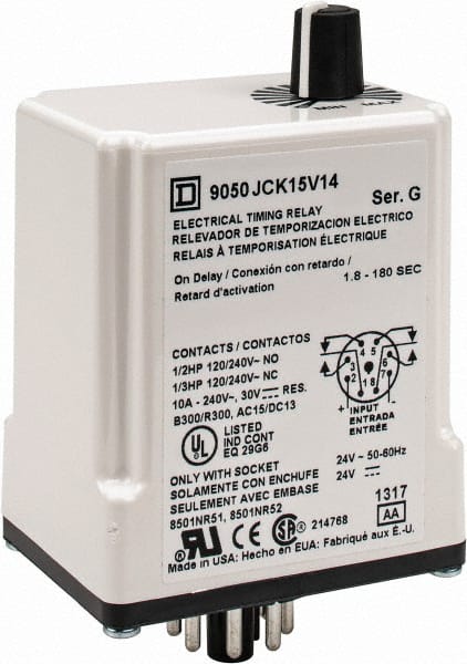 Square D - 8 Pin, 3 min Delay, DPDT Time Delay Relay - 10 Contact Amp, 24 VAC/VDC - Exact Tooling