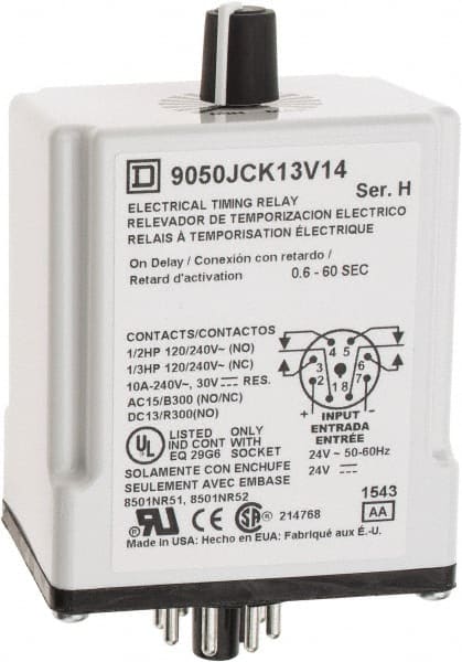 Square D - 8 Pin, 999 hr Delay, DPDT Time Delay Relay - 10 Contact Amp, 24 VAC/VDC - Exact Tooling
