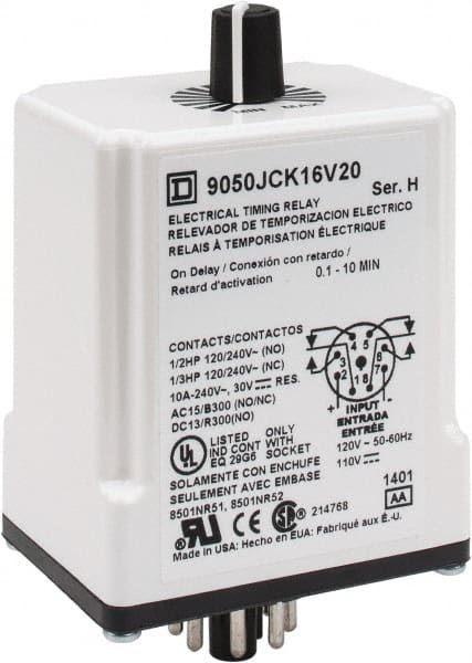 Square D - 8 Pin, 10 min Delay, DPDT Time Delay Relay - 10 Contact Amp, 110 VDC & 120 VAC - Exact Tooling